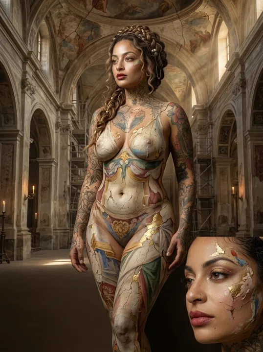 AI image: Fresco paint in a frescoed hall, with a close-up of her face