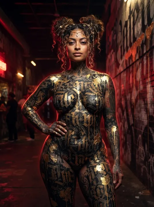 AI image: In a warehouse lit red, painted in gold and black lettering