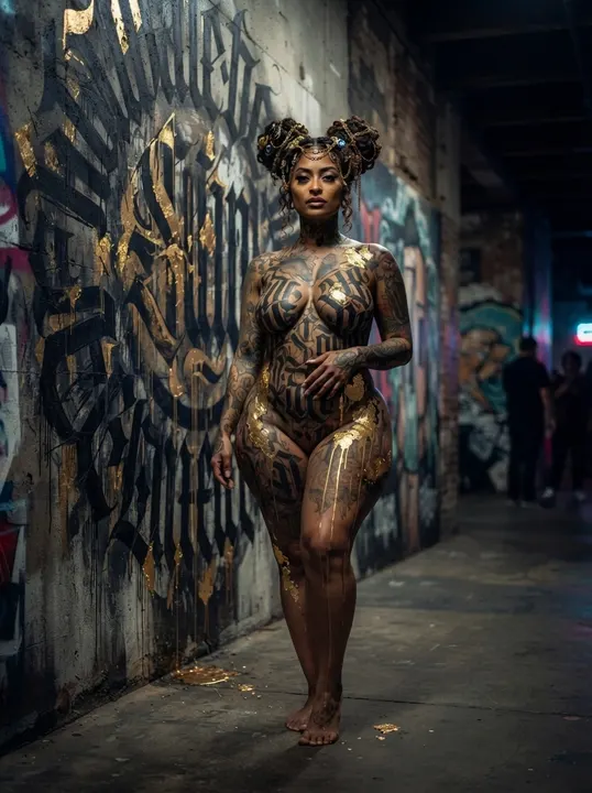 AI image: In front of a huge lettered mural in a warehouse