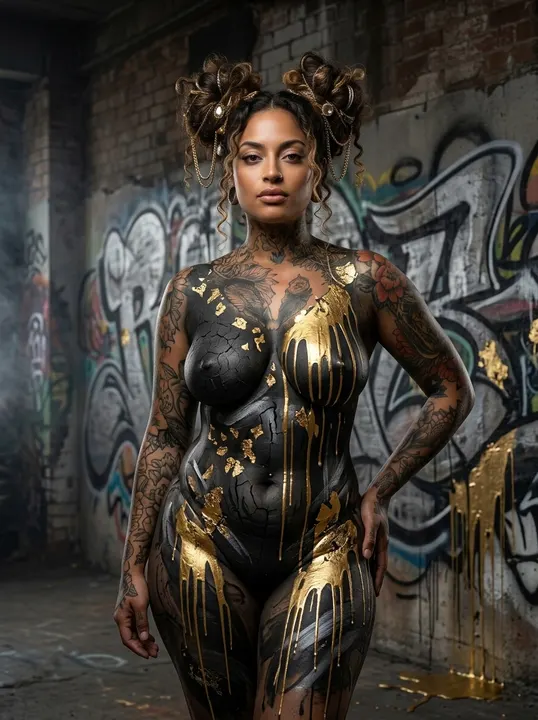 AI image: Against a graffiti wall, gold drips at her hips