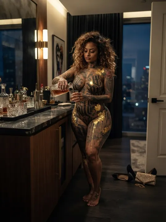 AI image: A painted woman pouring a drink at a home bar