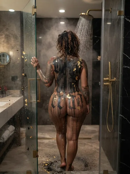 AI image: From behind in the shower, paint running to the floor