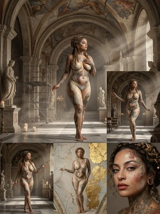 AI image: A fresco series: walking a painted hall