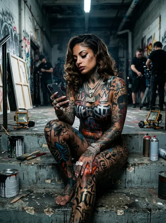 AI image: Waiting on a warehouse step, checking her phone