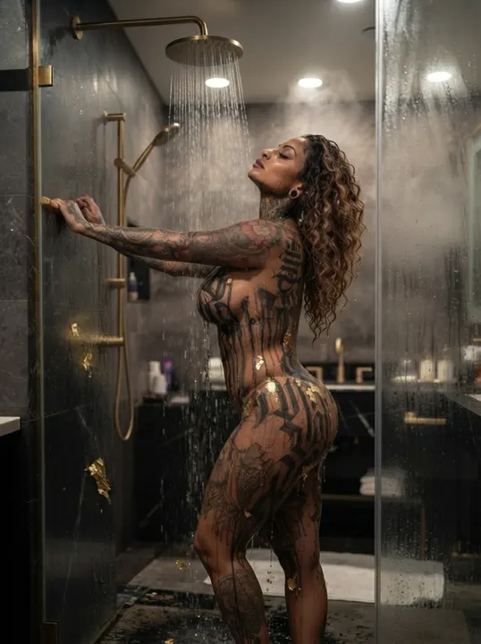 AI image: A painted woman in a steamy shower