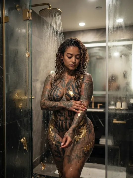 AI image: Rinsing calligraffiti paint off in a glass shower