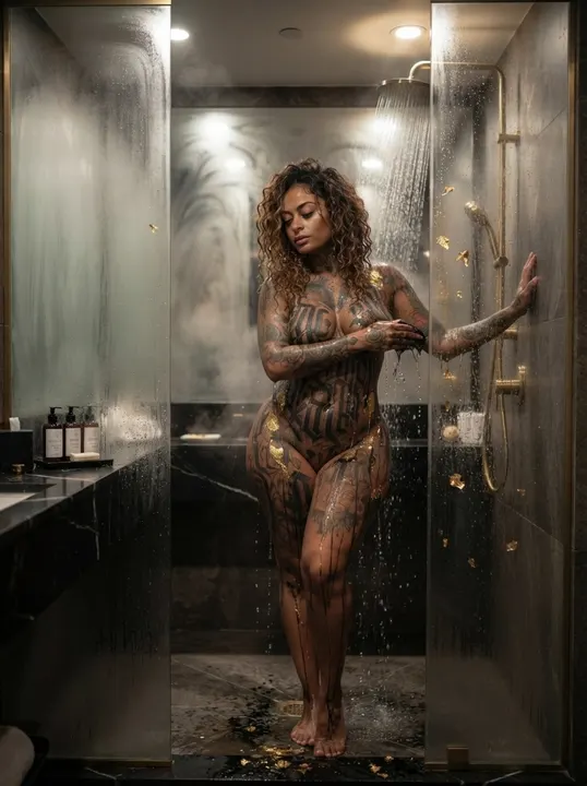 AI image: Turning under the shower as the lettering runs