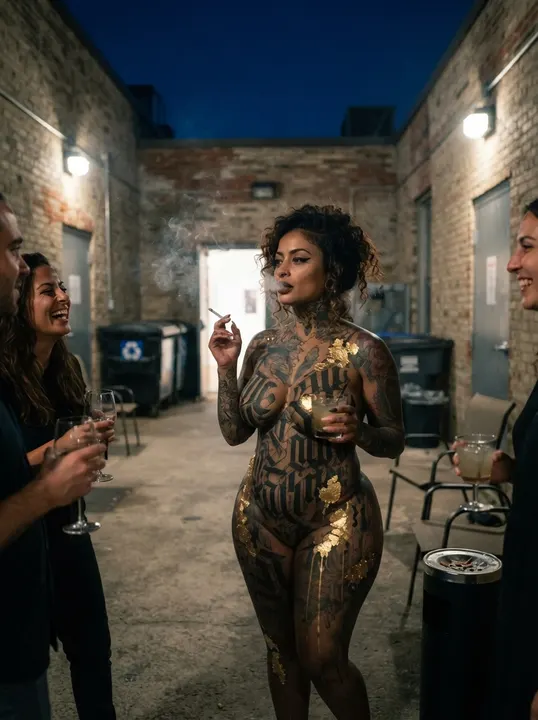 AI image: Smoking in an alley with friends, still painted in lettering