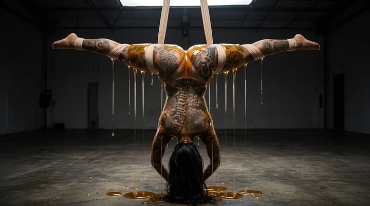 AI image: Upside down on aerial silks in gold body paint