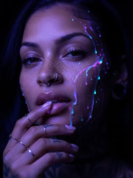 AI image: UV paint on her face, a finger at her lip