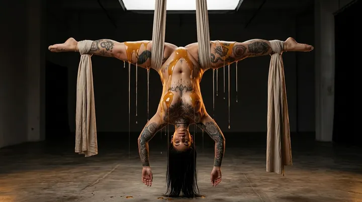 AI image: A split on aerial silks in gold body paint