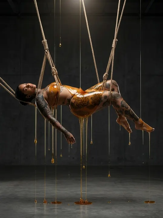 AI image: Suspended in rope in gold body paint, dripping