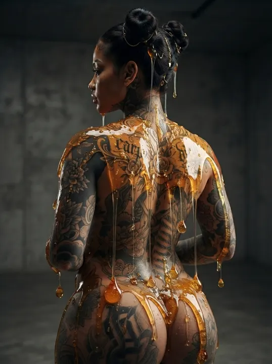 AI image: Her back in dripping gold paint, hair in a bun