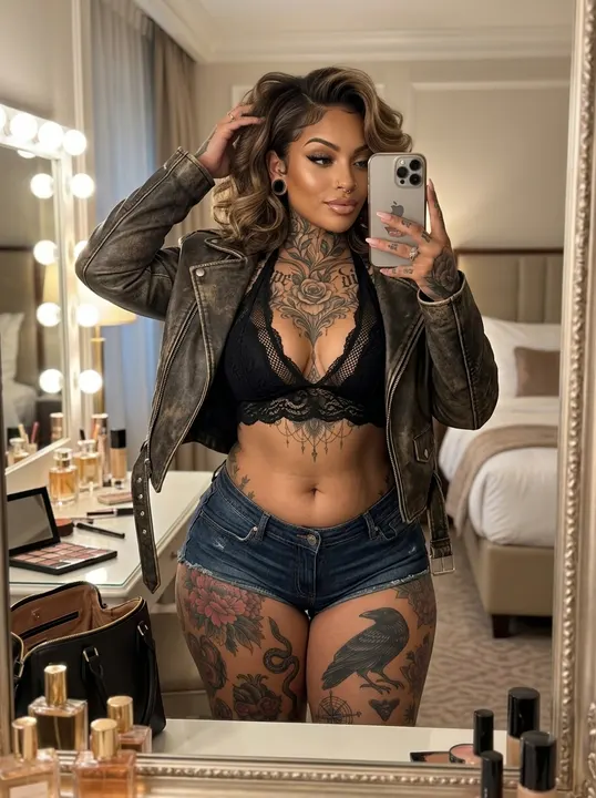 AI image: A mirror selfie in a leather jacket at a vanity