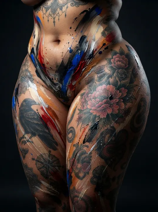 AI image: Close-up of tattooed hips with blue paint strokes