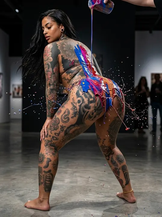 AI image: Paint poured down her back in a gallery