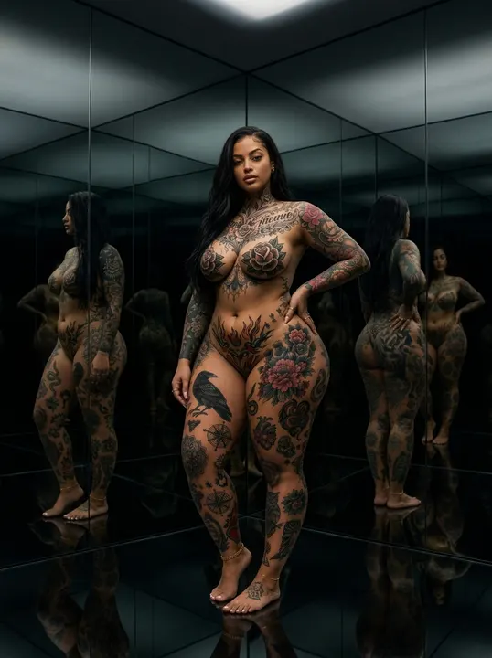 AI image: Painted in American Traditional tattoo designs, before a black mirror