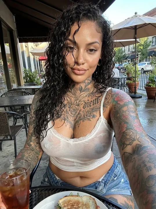 AI image: A selfie at a rainy café in a white tank top