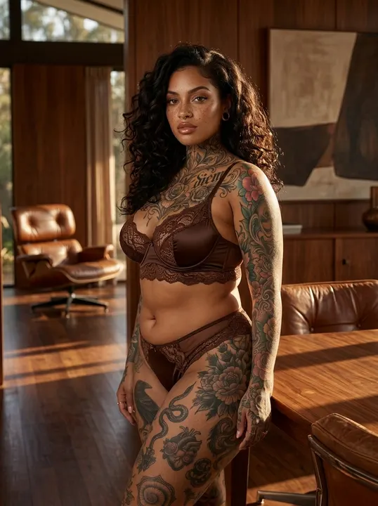 AI image: Brown lace lingerie in a mid-century living room