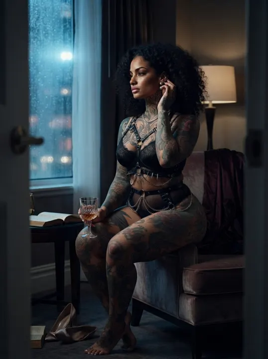 AI image: Brown lingerie with a drink by a night window