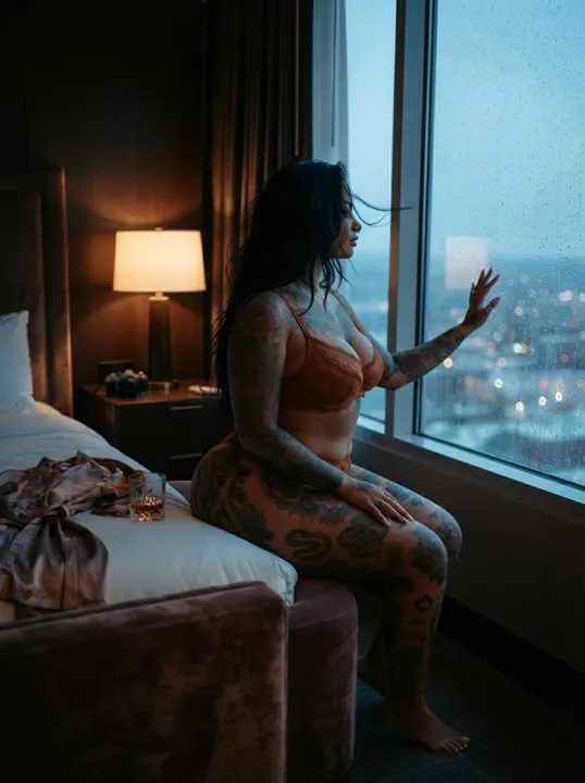 AI image: Orange lingerie by a hotel window