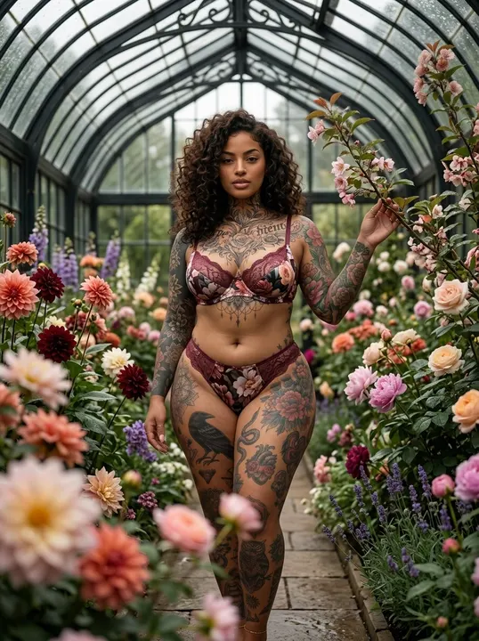 AI image: Floral lingerie in a greenhouse full of flowers