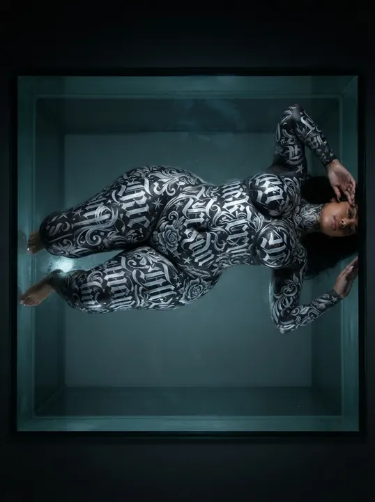 AI image: Lying in a glass box, painted head to toe in lettering