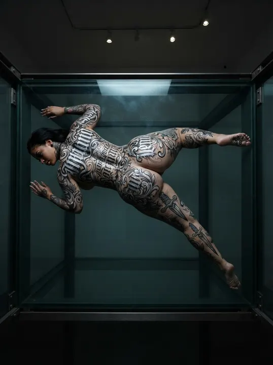 AI image: Floating in a glass box, painted in lettering