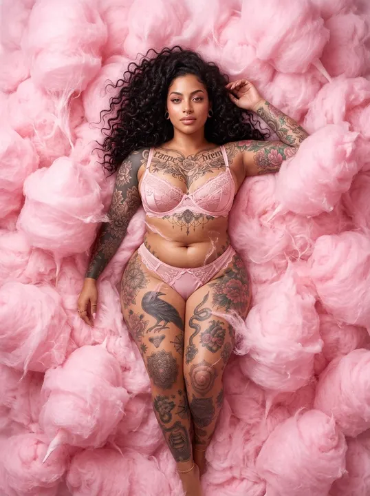 AI image: Pink lingerie on a bed of pink cotton candy