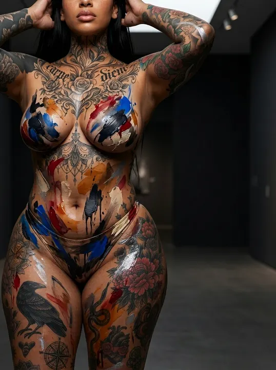 AI image: Multicolour paint strokes across her body