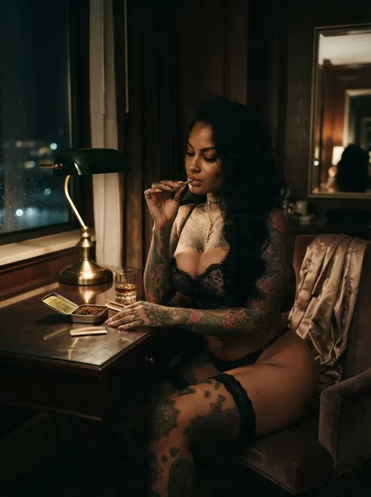 AI image: Black lingerie at a desk by the window at night