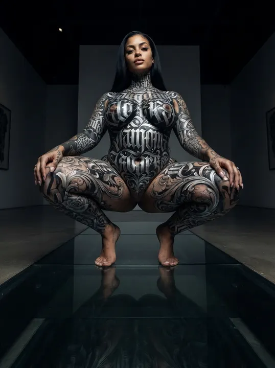 AI image: Crouching on a mirrored floor in black and white lettering paint