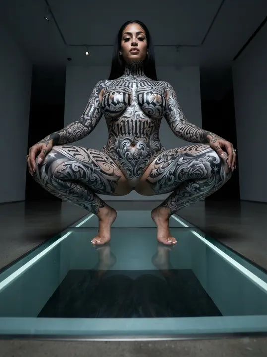 AI image: Crouching in a glass room in black and white lettering