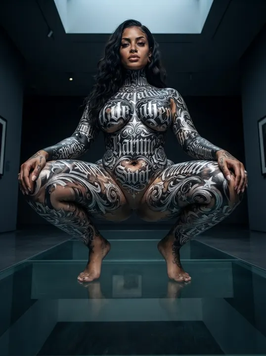 AI image: Crouching on a mirrored floor in black and white lettering