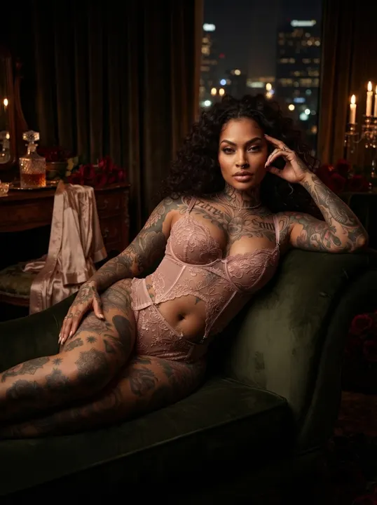 AI image: Pink lingerie on a couch at night
