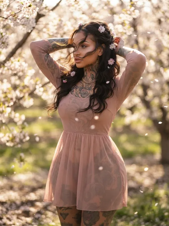 AI image: Under cherry blossoms, flowers in her hair
