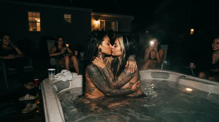 AI image: Two women kissing in a hot tub at night