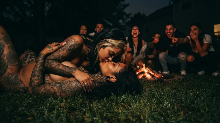 AI image: Two women lying by a campfire, friends behind them