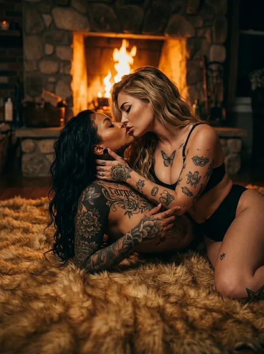 AI image: Two women kissing on a fur rug by a fire