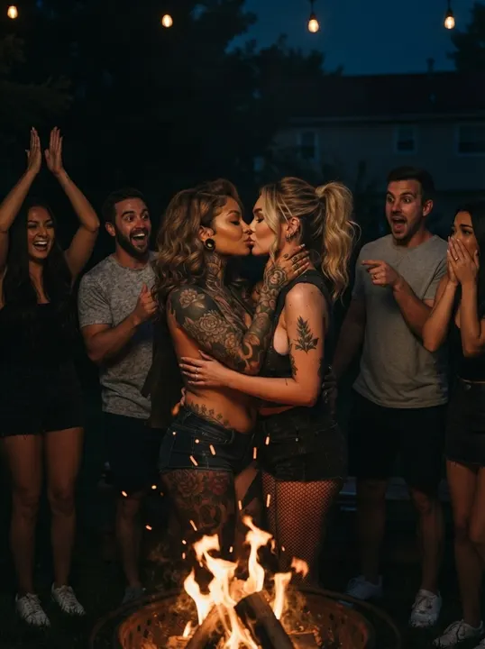 AI image: Two women kissing at a bonfire while friends cheer
