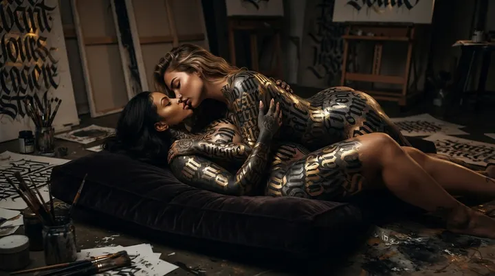AI image: Two painted women lying together in a studio