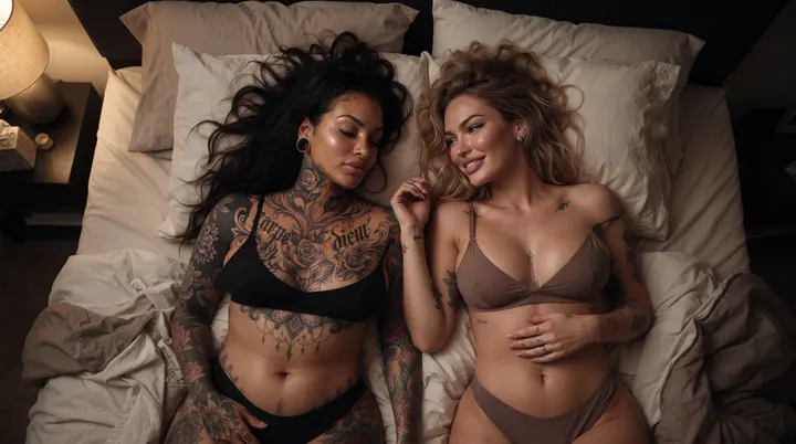 AI image: Two women in lingerie lying on a bed