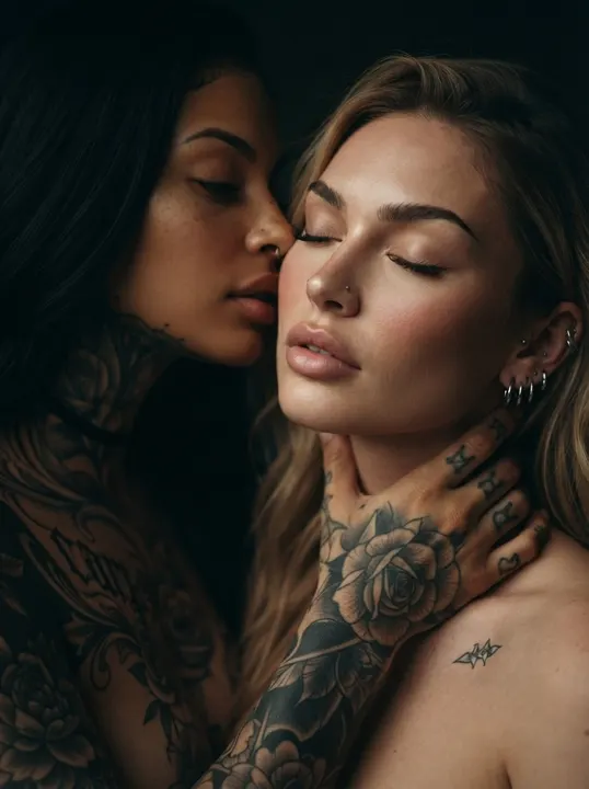 AI image: A woman kissing another woman's cheek, a hand at her neck