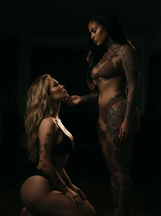 AI image: Two women in the dark, one kneeling