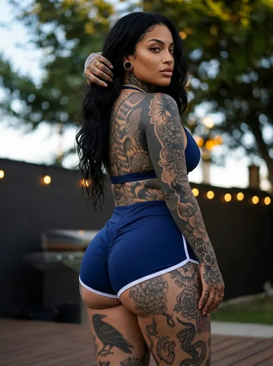 AI image: A tattooed woman in blue shorts on a patio, from behind