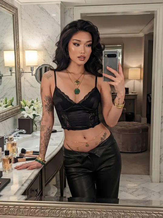 AI image: A mirror selfie in a black satin top