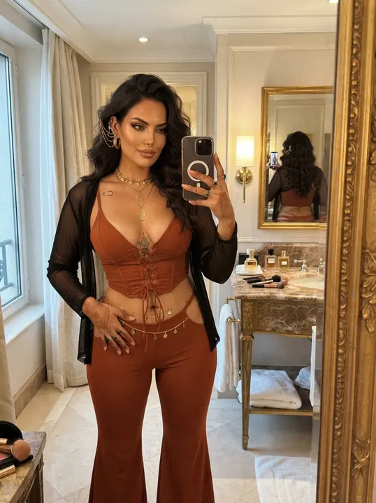 AI image: A mirror selfie in a rust top and flares