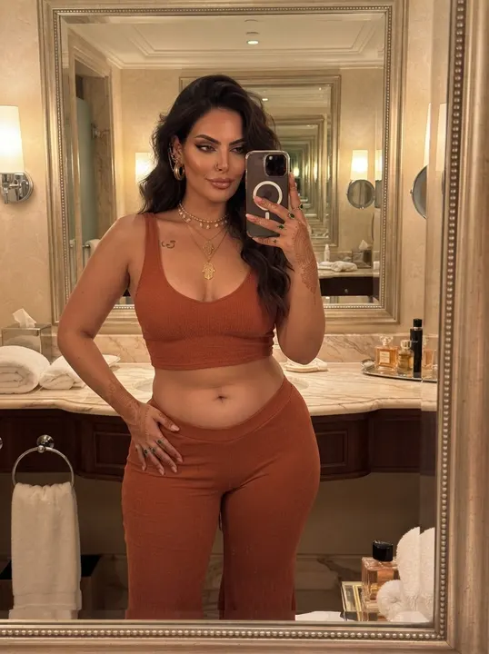 AI image: A mirror selfie in a rust crop top and flares at a vanity