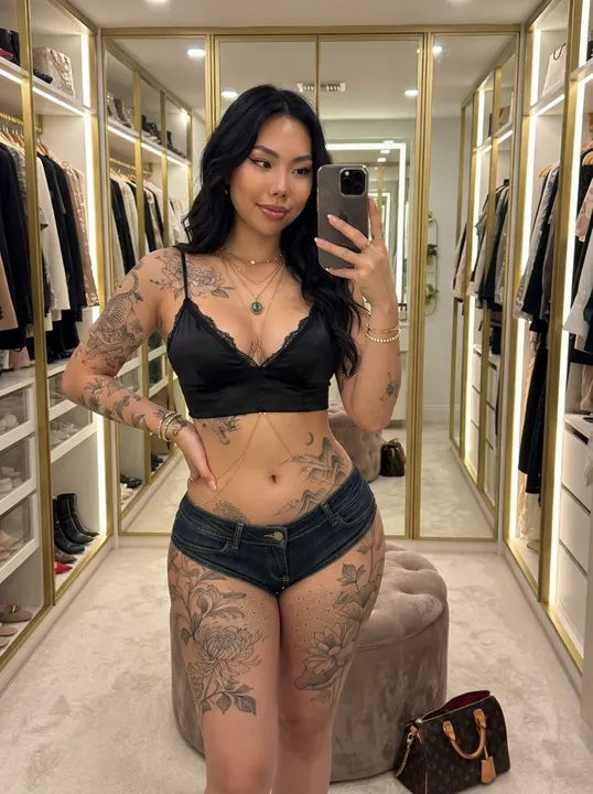 AI image: A mirror selfie in a black bralette and denim shorts in a walk-in closet