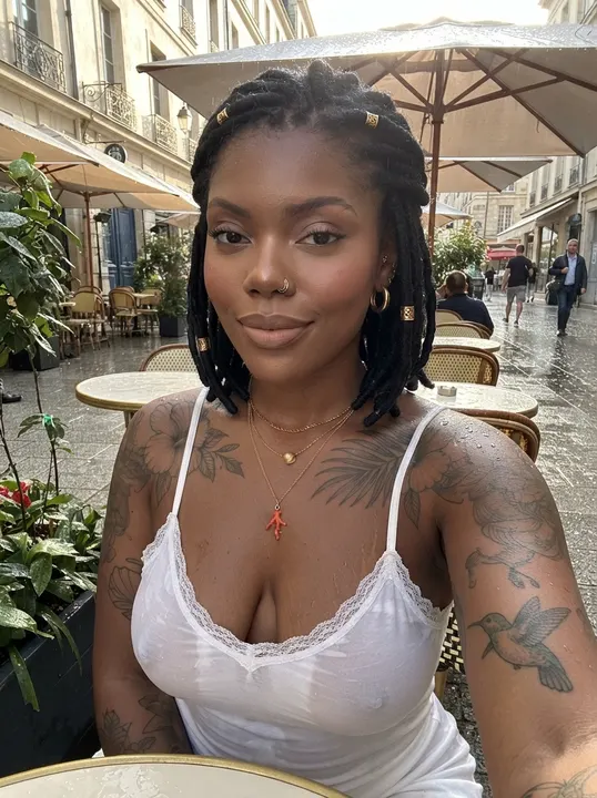 AI image: A selfie at a rainy café, braids
